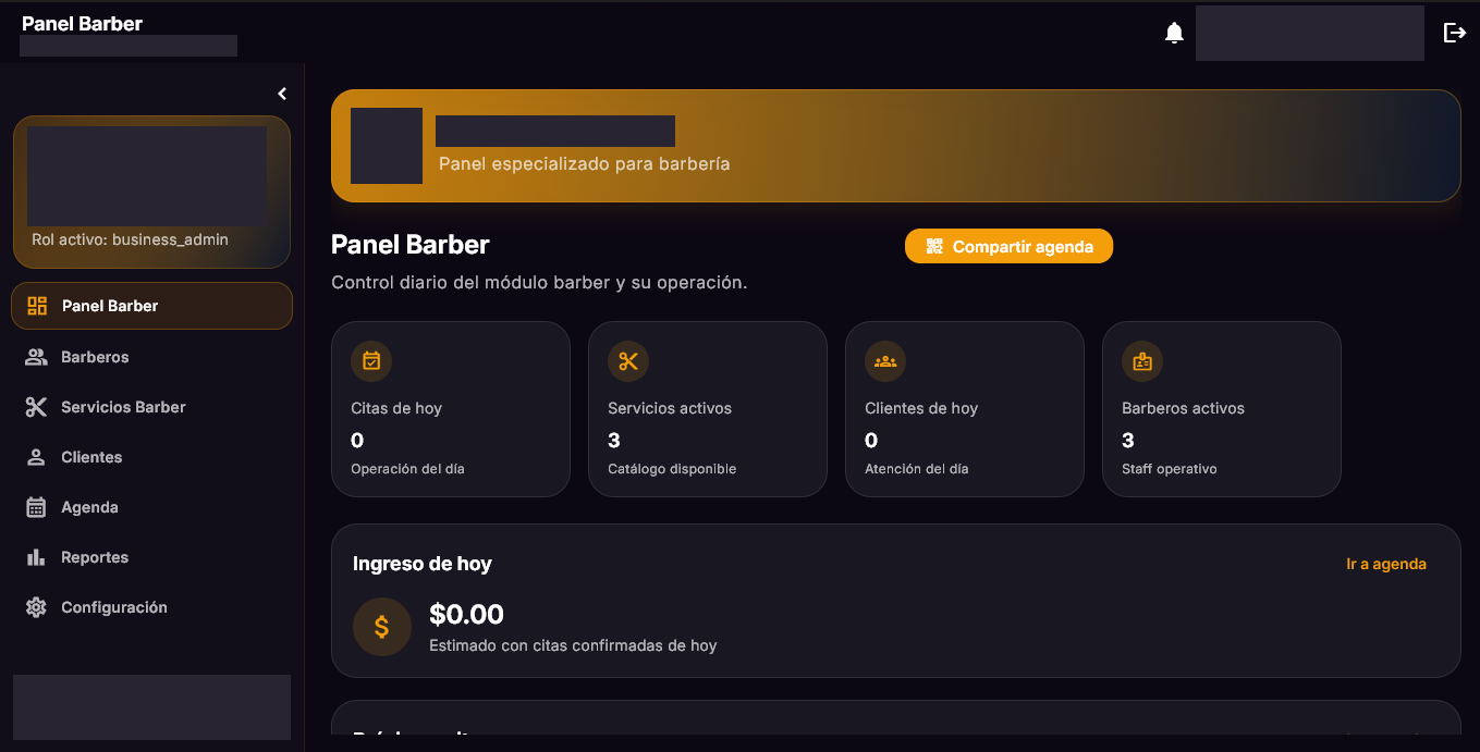 Captura real de TrimmOS: Controla tu barbería desde un solo lugar. Datos identificativos ocultos.