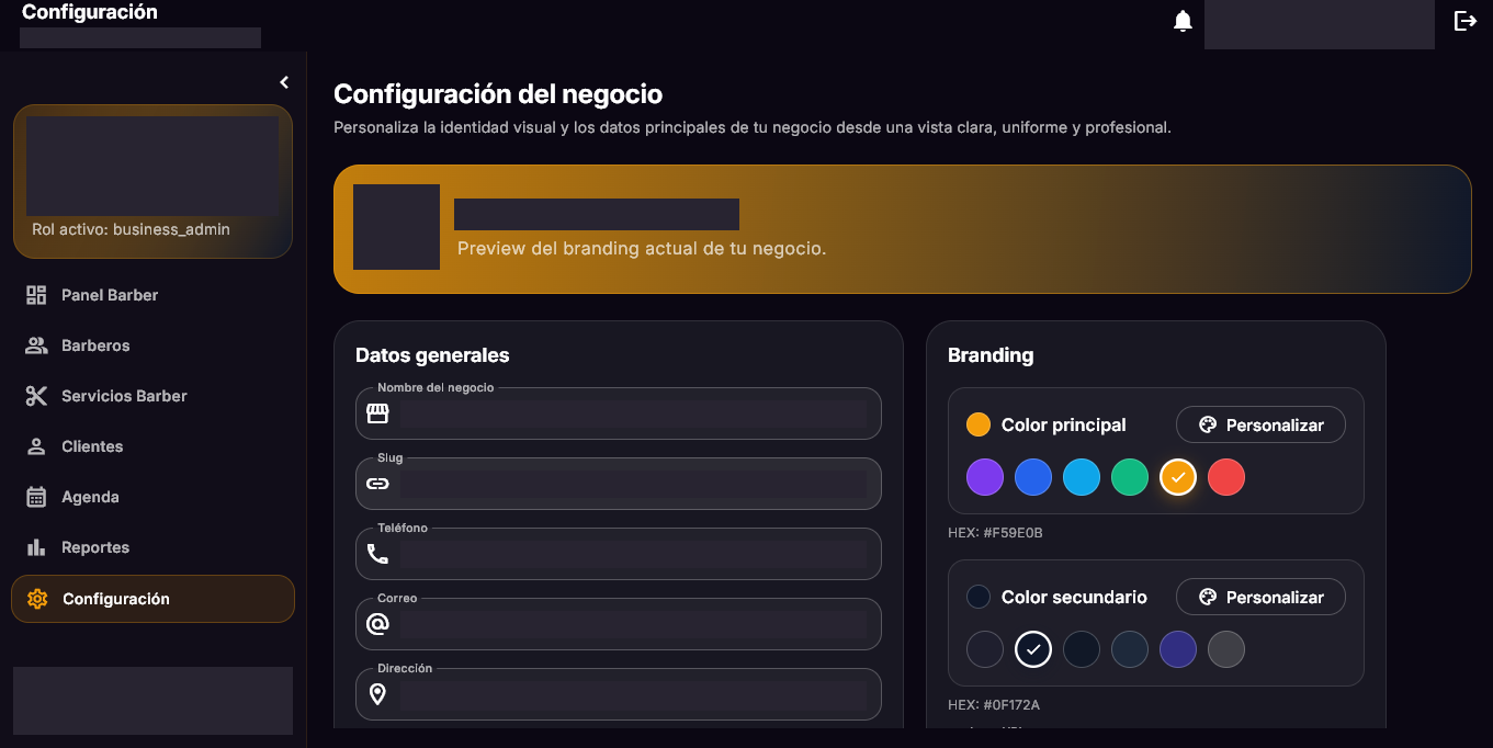 Captura real de TrimmOS: Tu negocio, tu identidad. Datos identificativos ocultos.