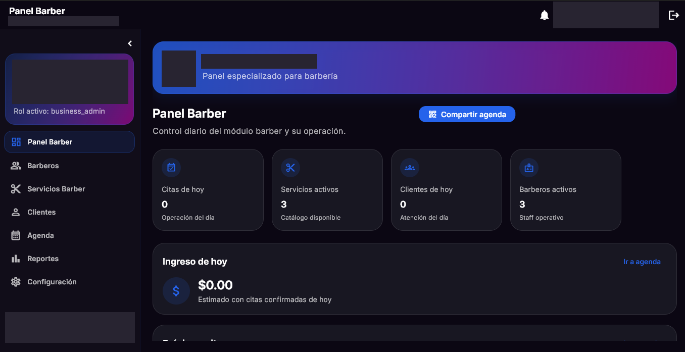 Captura real de TrimmOS: Cada barbería tiene su propio estilo. Datos identificativos ocultos.