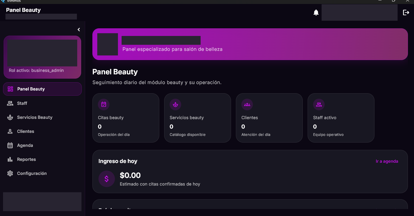 Captura real de TrimmOS: Belleza con personalidad propia. Datos identificativos ocultos.